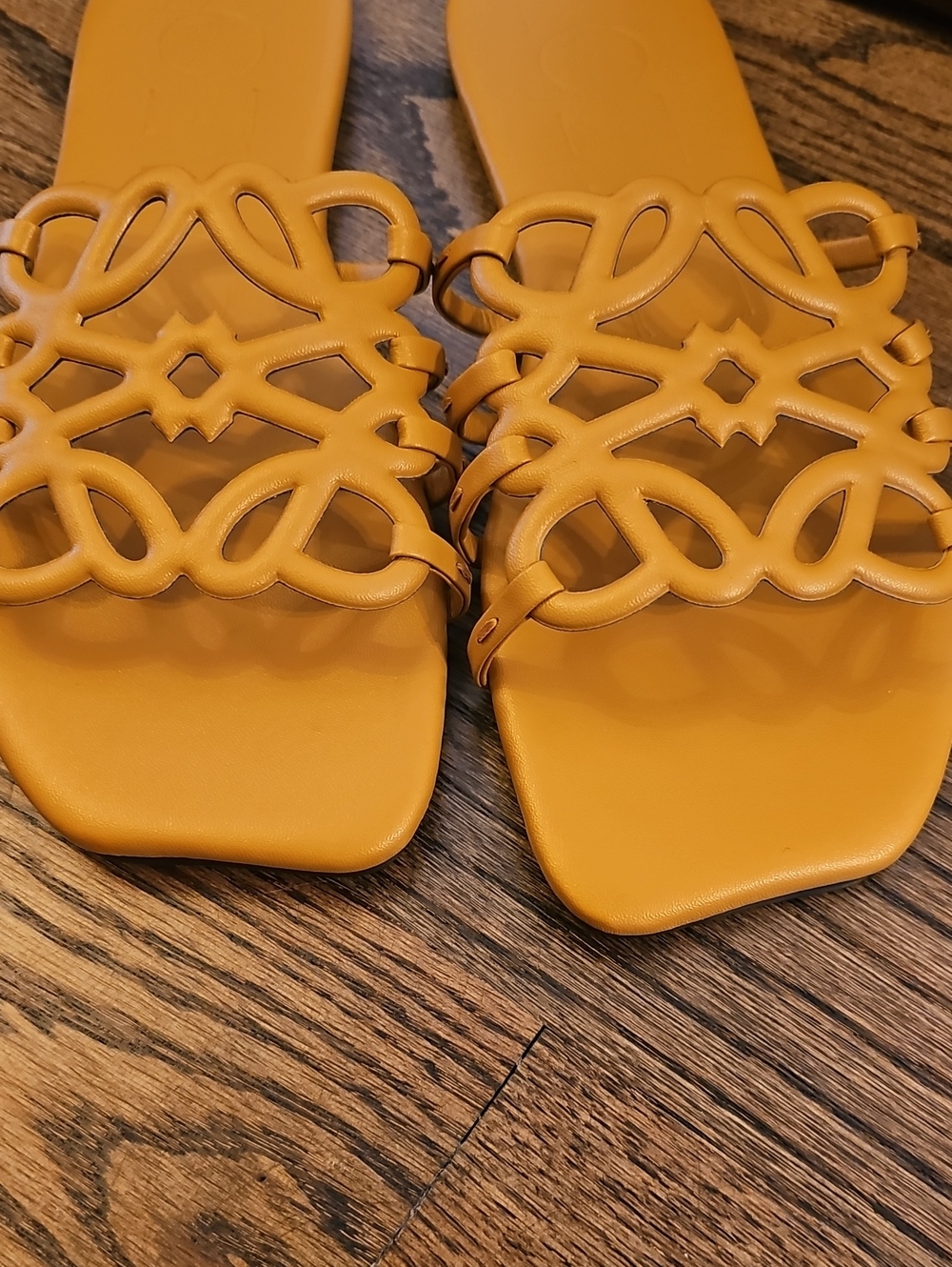 Designer Luxury Tannish Slide Sandals with Decorative Straps - Picture 4 of 8